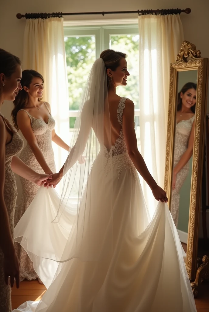 The scene begins with the bride, Mary, radiant with happiness, trying on her wedding dress in front of a large mirror. Sunlight streams in through the window, brightening the room and highlighting the details of the dress. Friends and family surround her, adjusting the veil and giving compliments. O sorriso de Mary é contagiante, showing your anticipation for the big day. The scene ends with her looking out the window, dreaming about the future with her fiancé.
