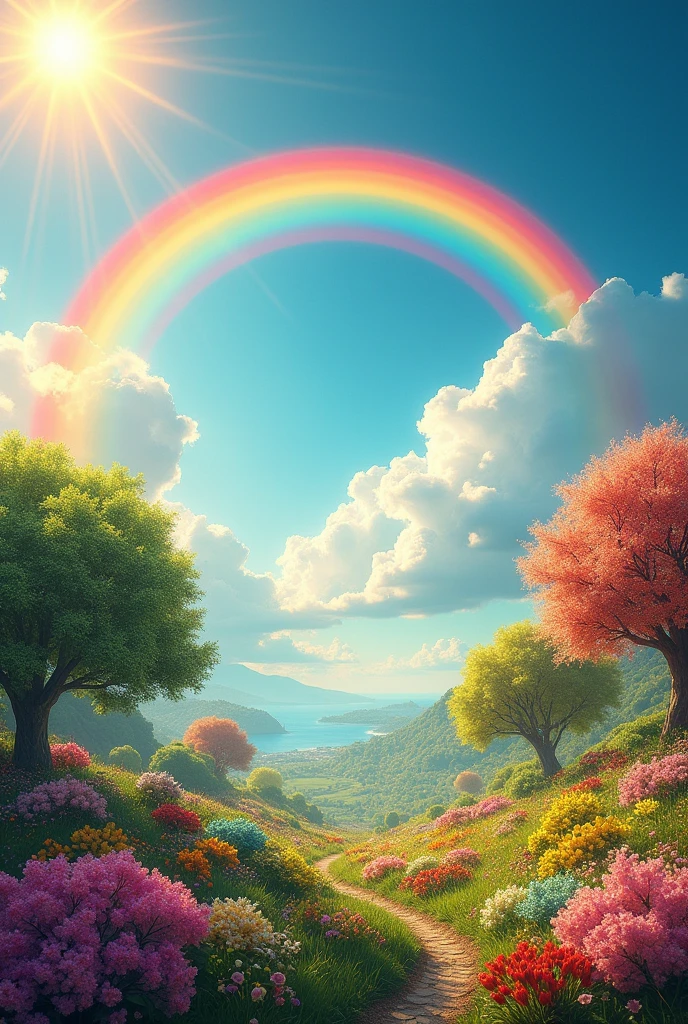 A vibrant rainbow banner under the beautiful sun. New world with new things.