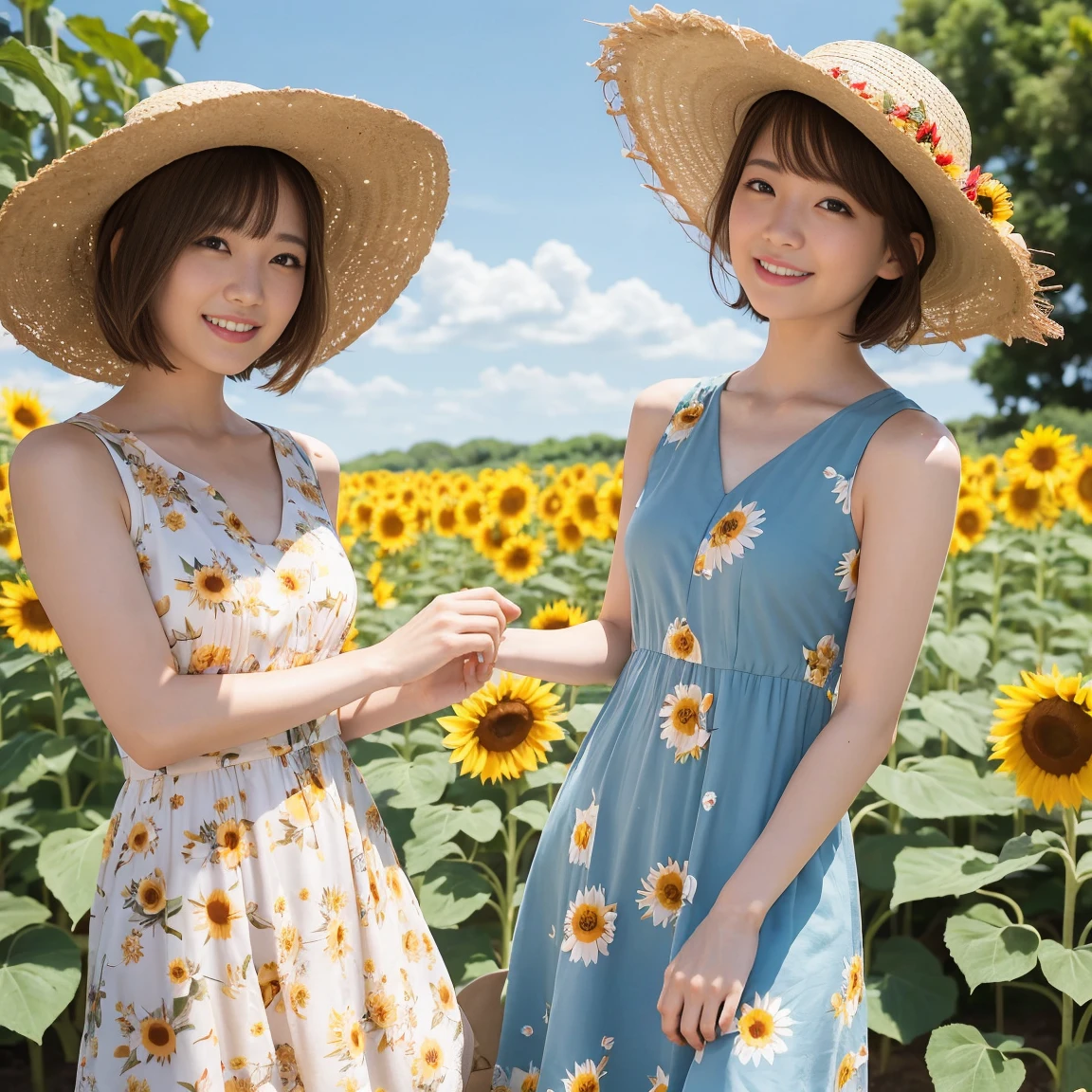 (One woman), short bob, 28 years old, Japanese, brown eyes, brown hair, slim figure, flat chest, rosy cheeks, flushed face,
Break
Clothing Floral summer dress Dress is sleeveless and lightweight Wearing straw hat Expression/Background Happy smiling expression Sunflowers swaying in the wind and blue sky Green leaves can be seen between the sunflowers in the background