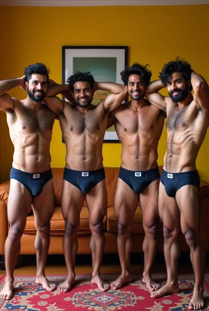 Four Handsome Indian men,extremely hairy armpits, Hands behind his head. V shaped underwear. Tight underwear. Standing Infront of a sofa. Bulging underwear, happy trail.