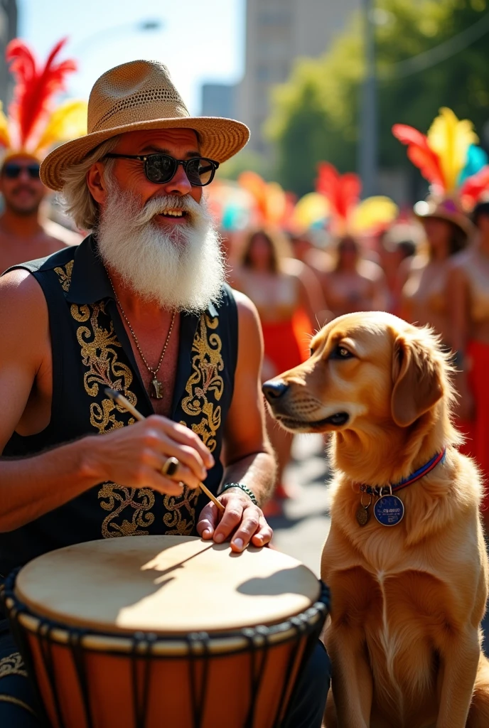 white male, bearded, wearing glasses playing the alfaia in a maracatu with his caramel-colored dog