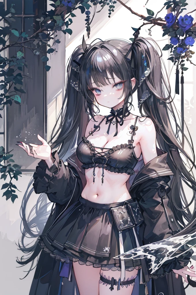 maid、Gothicta、 outside、Cleavage、belly button、Sexy、bikini、Skirt、Twin tails、Young Face、Whole Body Ezbian、Depth of written boundary,Watercolor(curly)、Beautiful and aesthetic:1.2)、(One Girl:1.3)、(Fractal Art:1.3)、Black-haired、Looking at the audience、pattern、Detailed Background、Mansion、Laughter、Throat and face