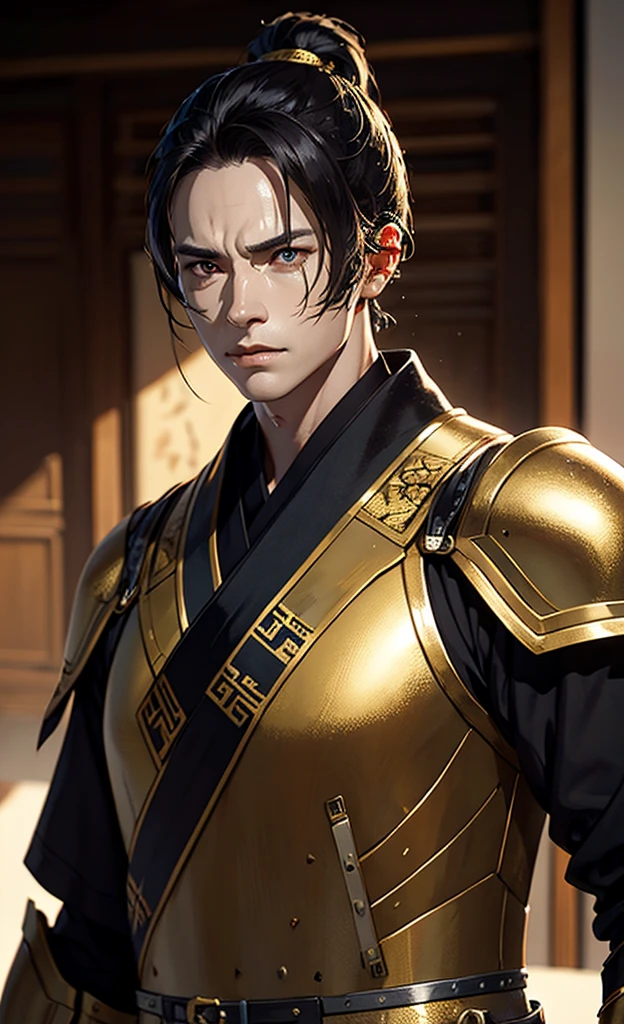a man in armor, 42 years old, grim expression, flawless facial features, perfectly detailed hands, chinese setting, ancient artifacts, golden accents, best quality, 4k, 8k, highres, masterpiece:1.2, ultra-detailed, realistic, photorealistic, photo-realistic:1.37, HDR, UHD, studio lighting, ultra-fine painting, sharp focus, physically-based rendering, extreme detail description, professional, vivid colors, bokeh, concept art