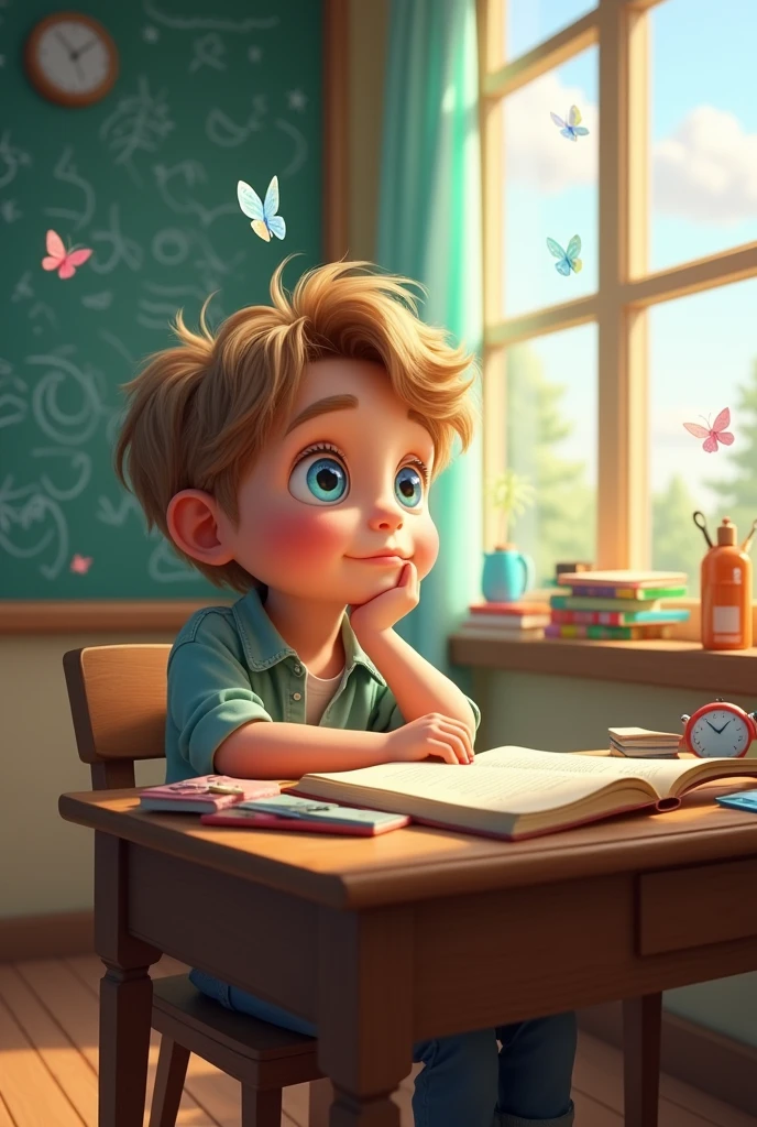 Create an animated image of a dreamy boy in a classroom.