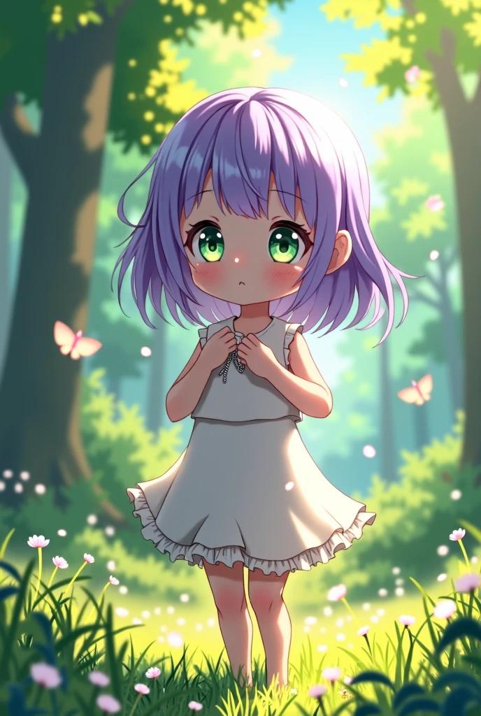 An anime girl becoming naked with a blush.