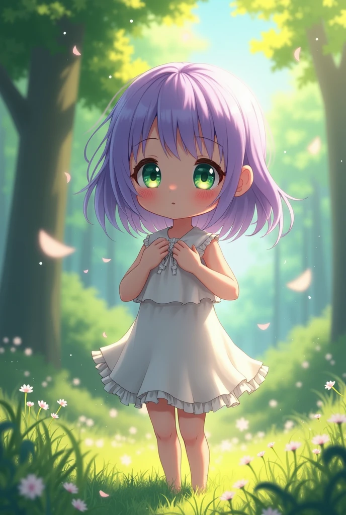An anime girl becoming naked with a blush.