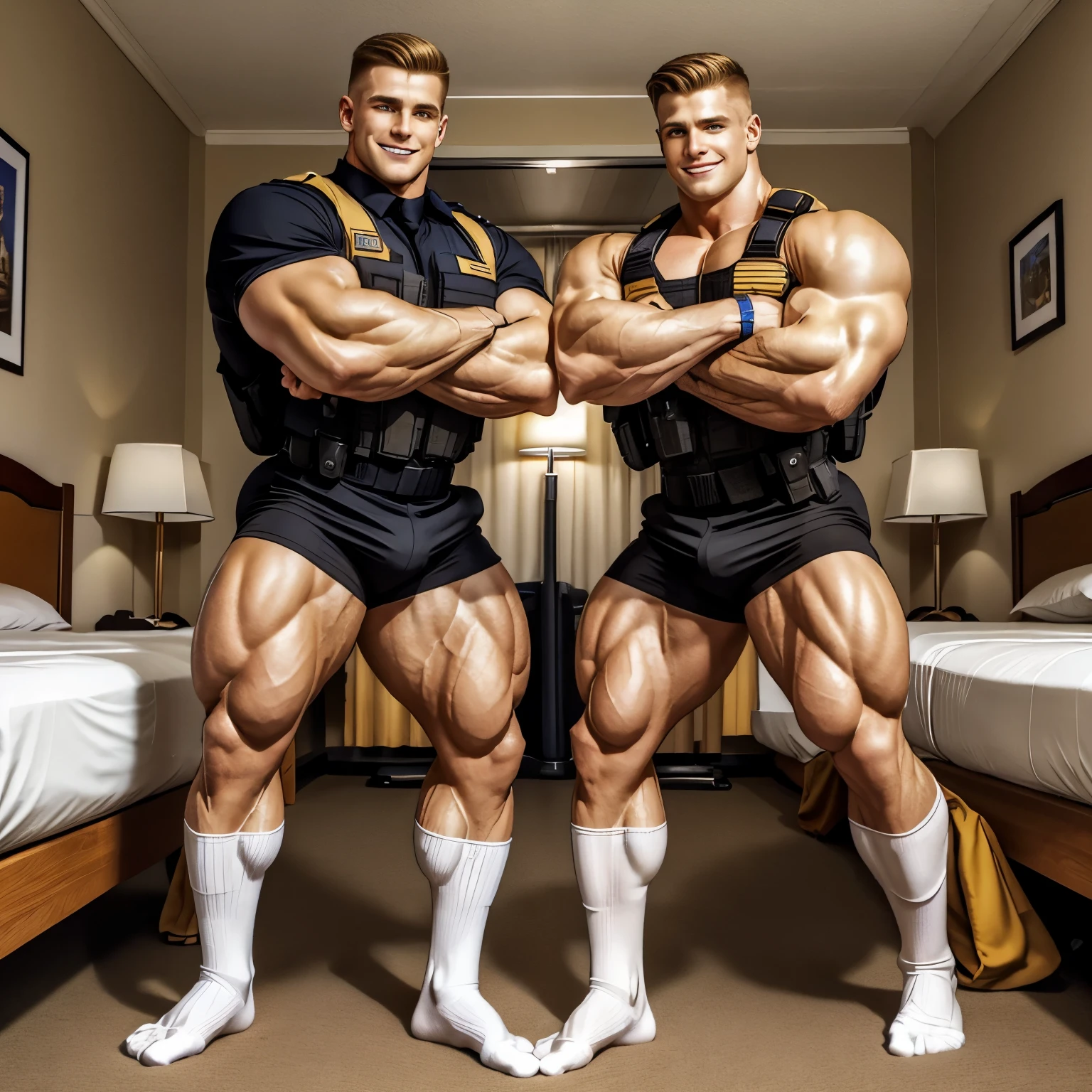 full view full body, two white handsome young european over-muscular men in SWAT uniforms and black socks, no shoes, with clean shaved undercut haircuts (one is blonde, the second one is light-brown haired), playing fighting in their black socks, looking happy, in a motel room, their socks must be seen