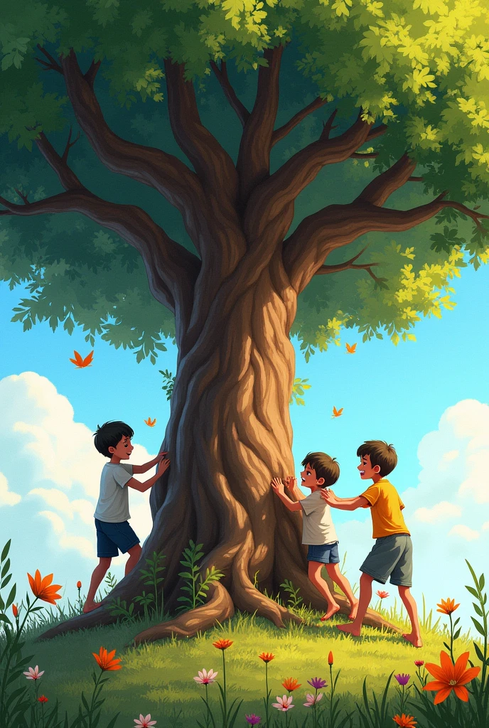 Photos of a tamarind tree with 3 boys and 1 . ON A BEAUTIFUL SUNNY MORNING
