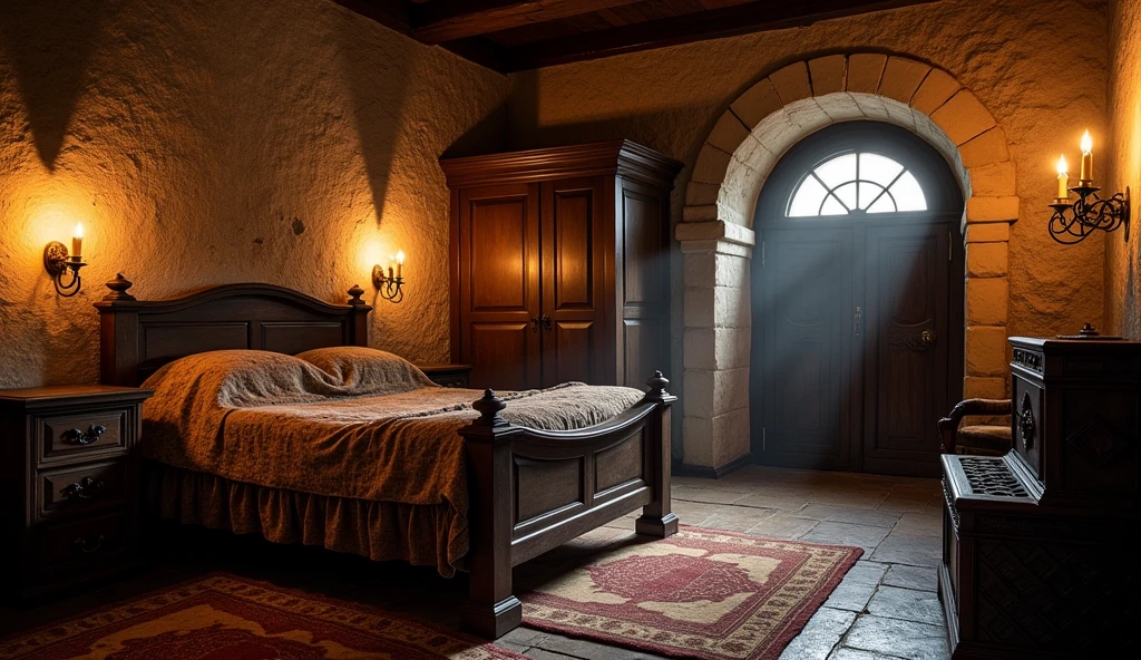 A room in an old tavern with a bed, a wardrobe, a chest, candles and a closed wooden entrance door