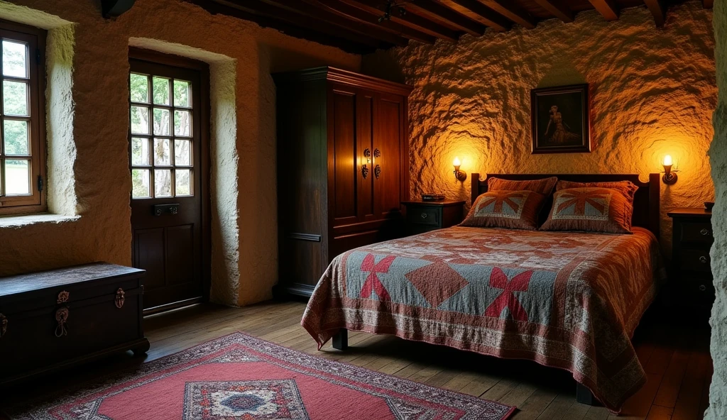 A room in an old tavern with a bed, a wardrobe, a chest, candles and a closed wooden entrance door