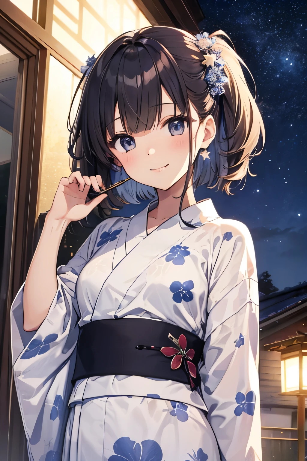 Black Hair。Girl。yukata。night。A starry sky。fan。look up。smile。Outdoor。