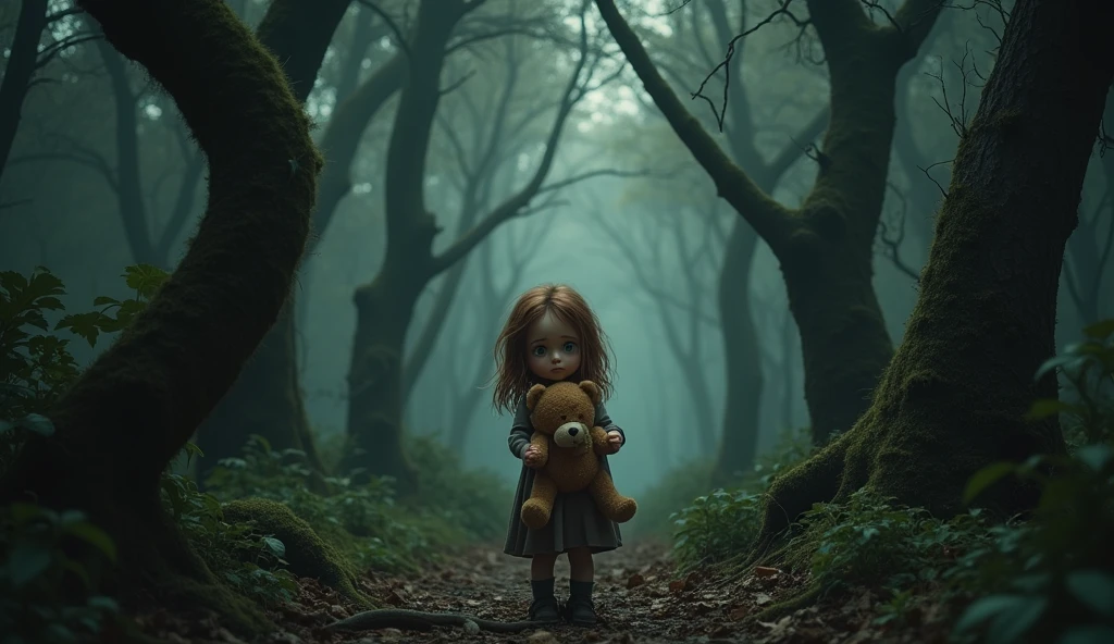 A girl is scared and worried in the forest