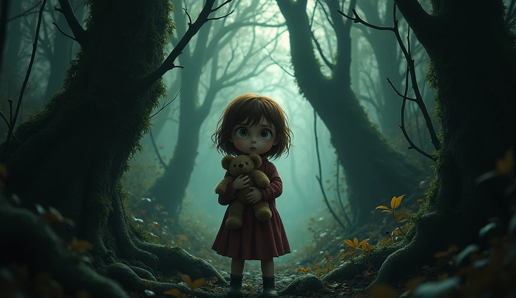 A girl is scared and worried in the forest