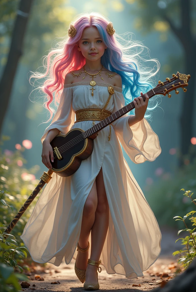 A very beautiful girl, Young and sexy, Your hair is half pink and half blue.. Your skin is white and delicate, with golden magical symbols tattooed on it, and your body is covered in a shimmering golden powder., your eyes are silver, She is noble e possui vestes chiques e elegantes porém é uma aventureira filha de uma fada, She is noble, She is also a bard and loves music, She's always with her delicate lute, besides carrying her beautiful sword, Because she is a bard, she is always with her lute in hand and her beautiful sword sheathed, She also wears high heels, She carries the mandolin in her hands and her sword at her waist..