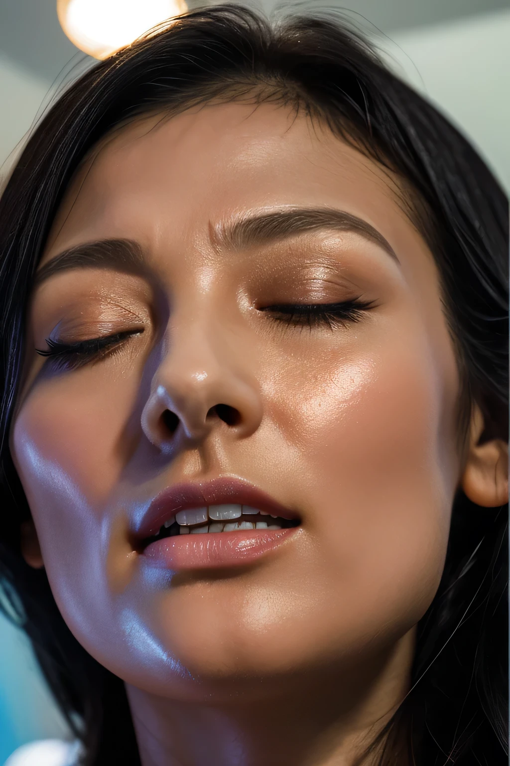 1 girl,flying debris,,Award-winning photo, Very detailed, Edge Orgasm,Face Focus, (Woman with open mouth and closed eyes ), 30 years old、Black Hair、Glowing Skin、Face close-up,From below、Realistic nostrils、Long and narrow nasal cavity,、Glass-walled office、(Modern interior office)、congestion、Are standing、((suit))、Big Breasts、(Sharp Nose)Frowning performance:1.4, concept,teeth,performance,facial performances,Frowning,Lift your head、Skin shiny with sweat