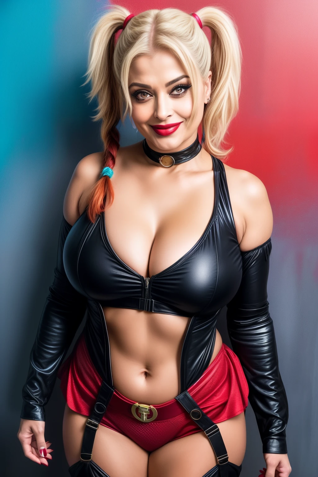 Full body photo of SEXY 50YO MATURE MILF AISHWARYA RAI as DC COMICS' HARLEY QUINN, ((FLIRTATIOUS MOCKING SMILE)), ((ponytail hair)), DRESSED IN HARLEY QUINN COSTUME, day scene, ((curvaceous mature figure)), look straight at camera, sexy 50 yo mature MILF, soft volumetric lights, intricate details, (ArtStation:1.2)