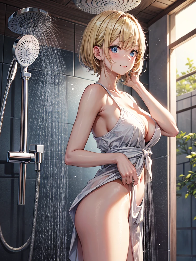 Anime style, super fine illustration, highly detailed, beautiful detailed, pale tone image, static representation, gentle expression, 8k, Angle from behind, pretty 1girl with blonde straight short hair & blue eyes & a bright smile & huge breasts & soft fair skin, she is taking the shower, in the the Japanese style shower room, There is no shower head on the ceiling, the shower head is Japanese style handy size, There is only one shower head, she is holding up the shower head, Shower is flowing from the shower head, she is with no clothes, in the night time, perfect fingers, particles of lights, romantic stories,masterpiece.