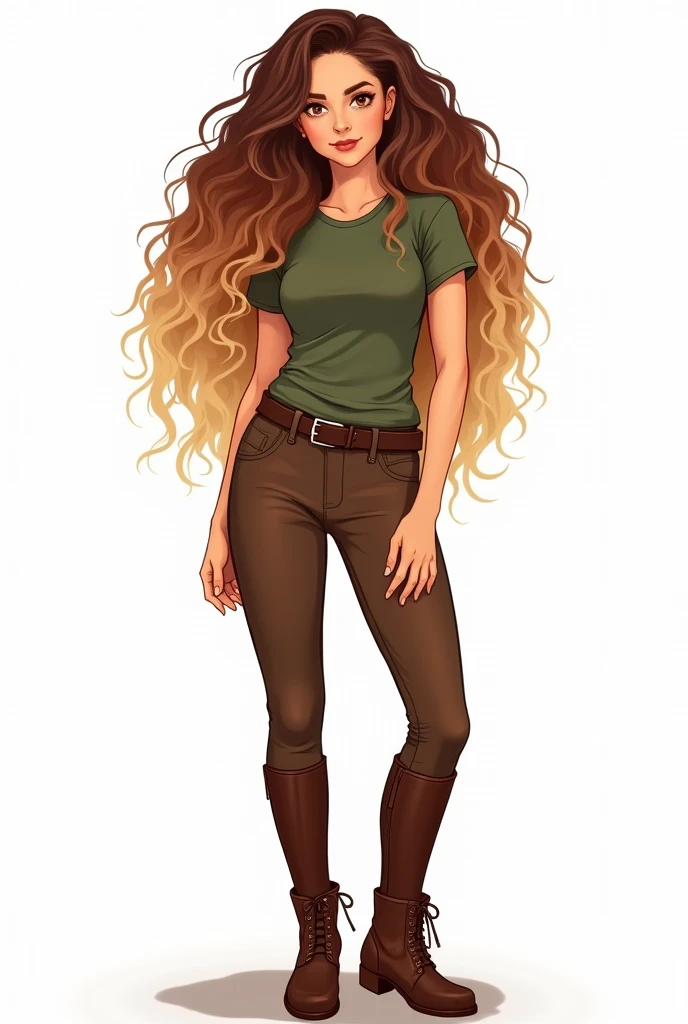 Illustration sur fond blanc. Femme aux cheveux longs, bouclés, châtain avec un dégradé blond, yeux noisette, t-shirt vert militaire, pantalon d’équitation marron avec ceinture et boots marron. Elle parle face caméra comme si elle faisait un présentation