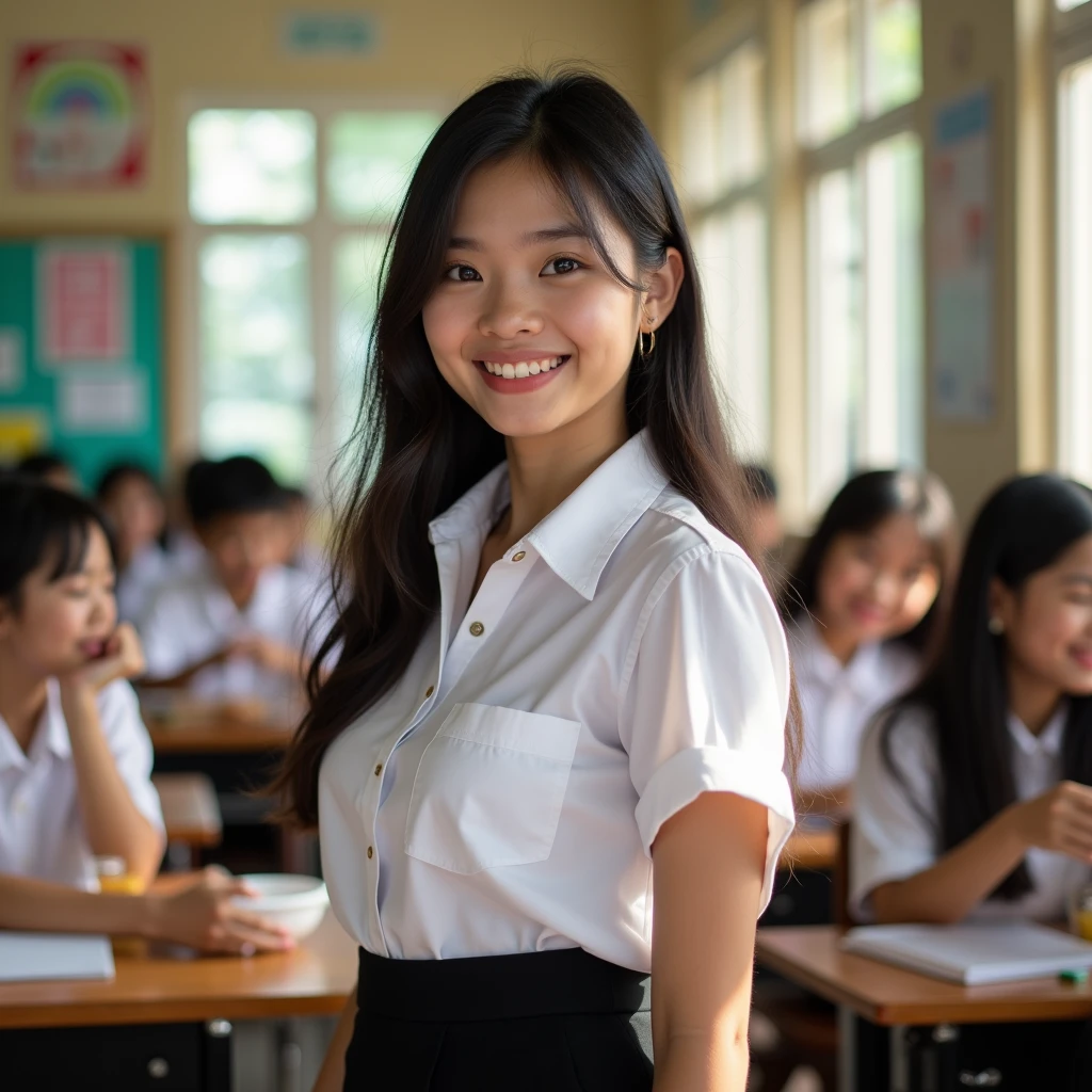 Thai_Student, hot girl, 18_years_old, student uniform, white shirt, black skirt, in classroom, students in background, lunchbrake
