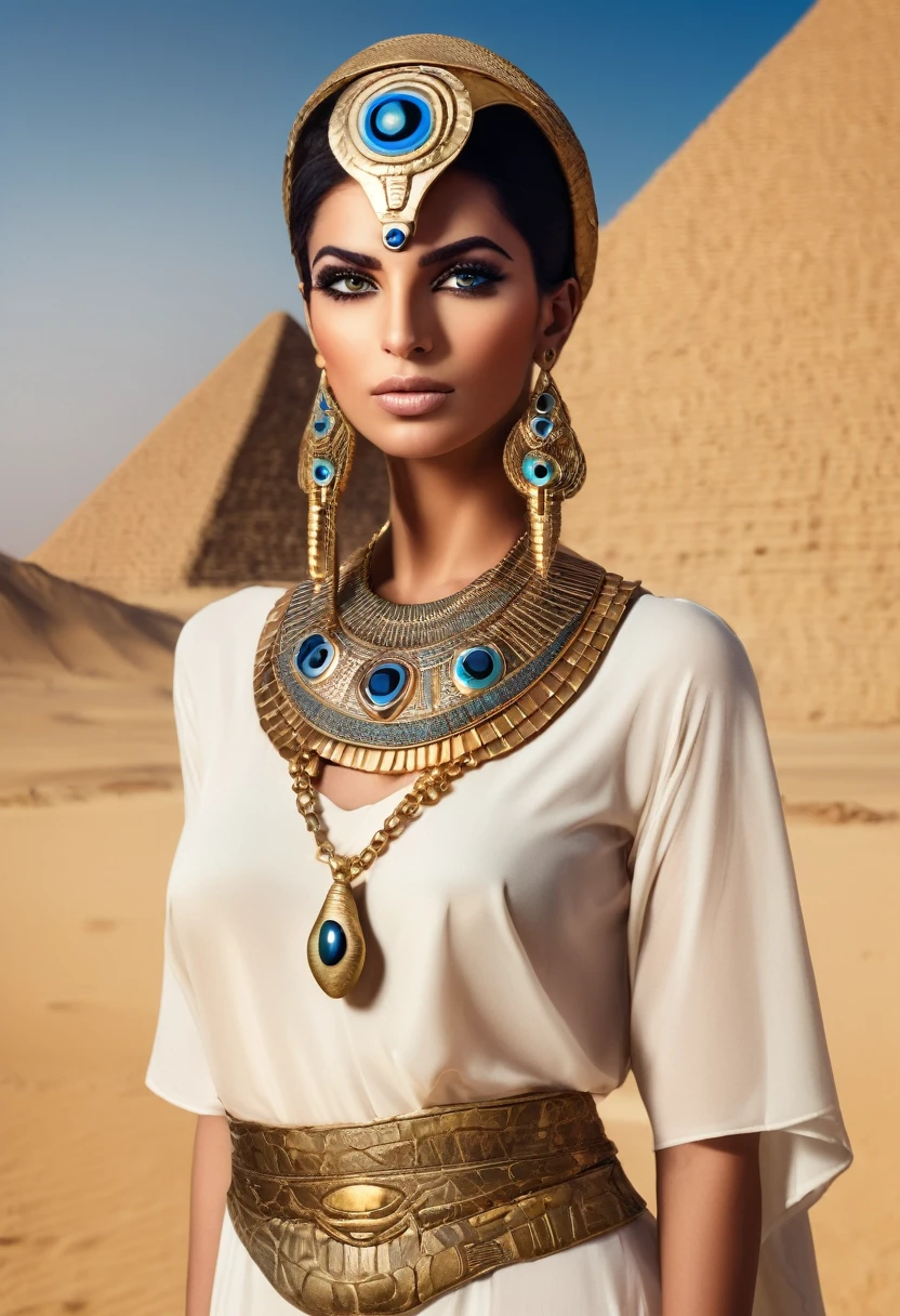 An Egyptian beautiful woman with snake headrest, evil eye ancient jewelry standing in a desert nearest to a pyramid.