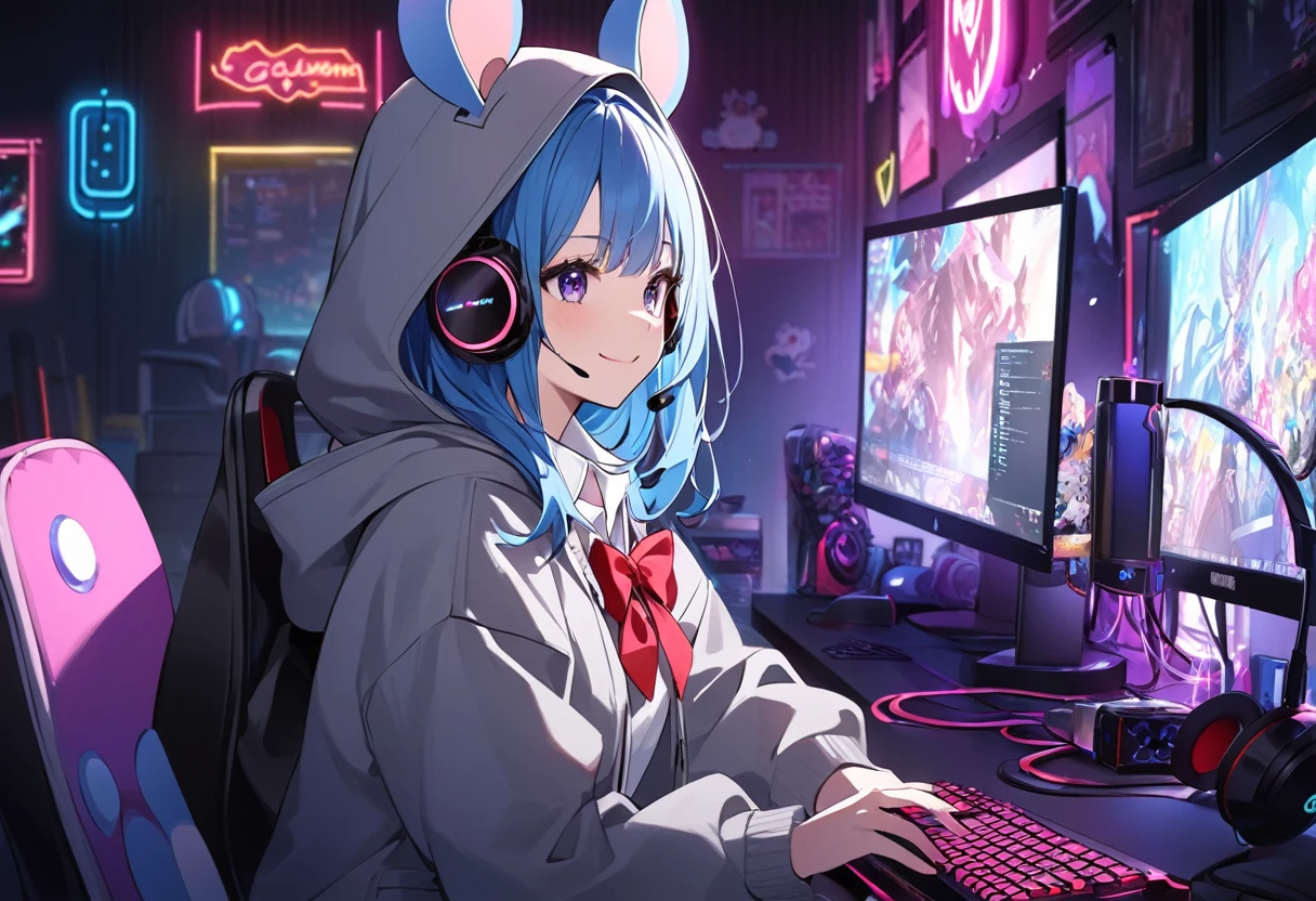 Blue Hair Girl、Hoodie with hood、{gray hoodie, hood up,Hoodie with big mouse ears}、High School Uniform、{White collared shirt、Red bow tie},smile、Dark Room、Using a gaming PC、Headphones、Desktop type gaming PC with visible internal structure illuminated by neon lights、