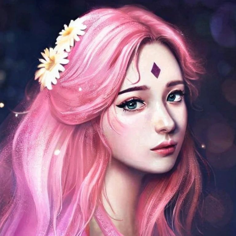 Young, tall woman, slender body, porcelain skin, short pale pink hair, heart-shaped face, wide forehead with a purple rhombus, thin pink eyebrows, large jade green eyes, long eyelashes, buttoned nose, large pink lips , red kimono clothes, black gloves, sword, forest, Sakura Haruno, 3d
