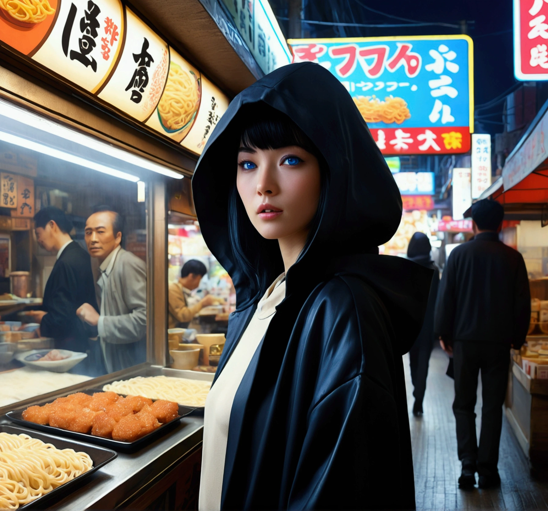 ((highest quality)), ((masterpiece)), (be familiar with), (High definition), (Accurate), (Realistic), (Cinematic), (Best Shadow), (Low contrast), (8K), Perfect Face, ((SYD MEAD style)), manga、mangaデザイン、Storyboard、Frame division、((A female Replicant is talking to a shopkeeper and Udon.))、((Replicant, Black Hair, very short hair, Blue Eyes)), (Black hooded raincoat)、((Udonya food stall))、(Owner of Udon Shop, Skinny old man, Wrinkles between the eyebrows), Glittering neon signs、congestion, congestion, Decadent Future City, NEO TOKYO, A.D.2051, (steam:1.2), It's raining white, evening, (Close-up of two faces, Bust Shot)