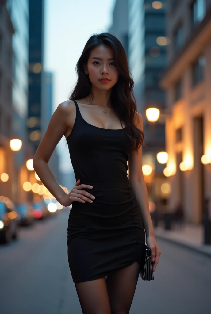 Asian woman wearing tight fitting skirt with black stockings revealing white legs