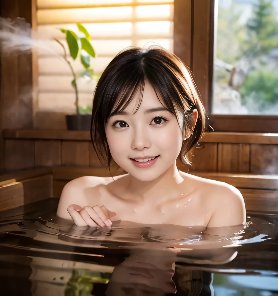 Highest quality、8k、Ultra-high resolution、masterpiece、Clear photos、Professional Lighting、very cute、beautiful girl、*********、Very short hair、smile、(Completely naked)、((Small breasts、Flat Chest))、Super Slender、(Soak shoulder-deep in hot springs:1.6、((Sink into the hot springs))、Hide the udder) 、Standing in an indoor hot spring、((Lots of steam)、Warm Light)