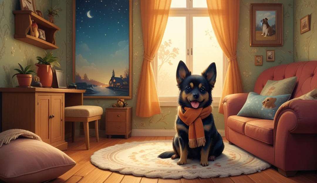 there is a dog sitting on a rug in a room, cozy wallpaper, adorable digital painting, cozy home background, Detailed and cute digital art, High quality 8k detailed artwork, cute dog painting, cute digital art, realistic illustration, realistic art style, high-quality portrait, warm atmosphere, highly detailed scene, beautiful digital art, inspirado em Cirilo Rolando, cute detailed art