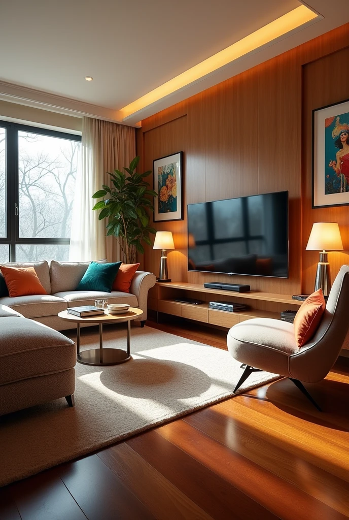 A large room with a sofa, TV, wood floor come