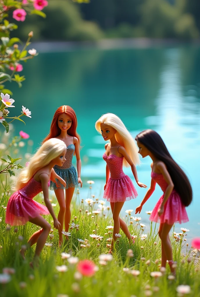 Barbies picking up the sticks from the grass ang in side s beautiful lake