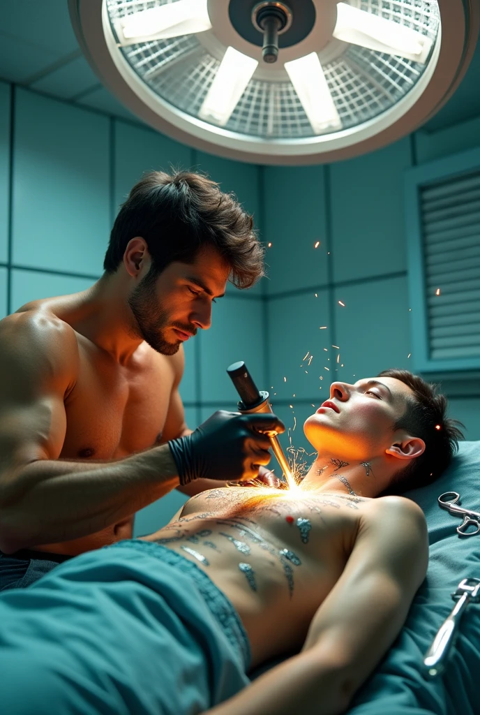 Man welding on another man skin
