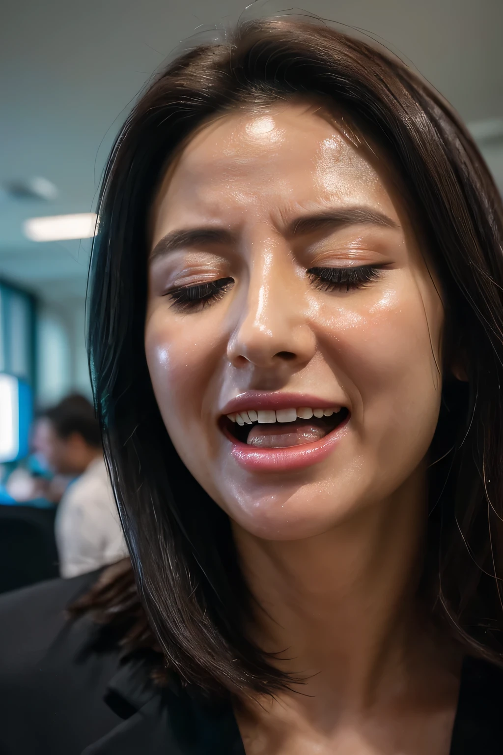 1 girl,flying debris,,Award-winning photo, Very detailed, Edge Orgasm,Face Focus, (Woman with open mouth and closed eyes ), 30 years old、Black Hair、Glowing Skin、Face close-up,From below、Realistic nostrils、Long and narrow nasal cavity,、Glass-walled office、(Modern interior office)、congestion、Are standing、((suit))、Big Breasts、(Sharp Nose)Frowning performance:1.4, concept,teeth,performance,facial performances,Frowning,Lift your head、Skin shiny with sweat