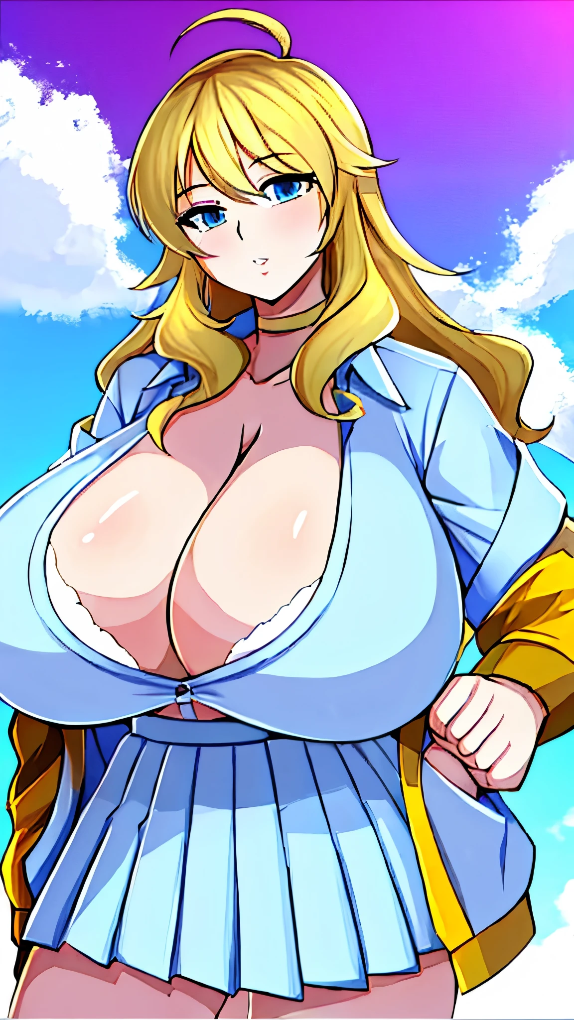 High quality, high school girl, large breasts, sky background, animation, blonde hair color, white skin, blue eyes,
