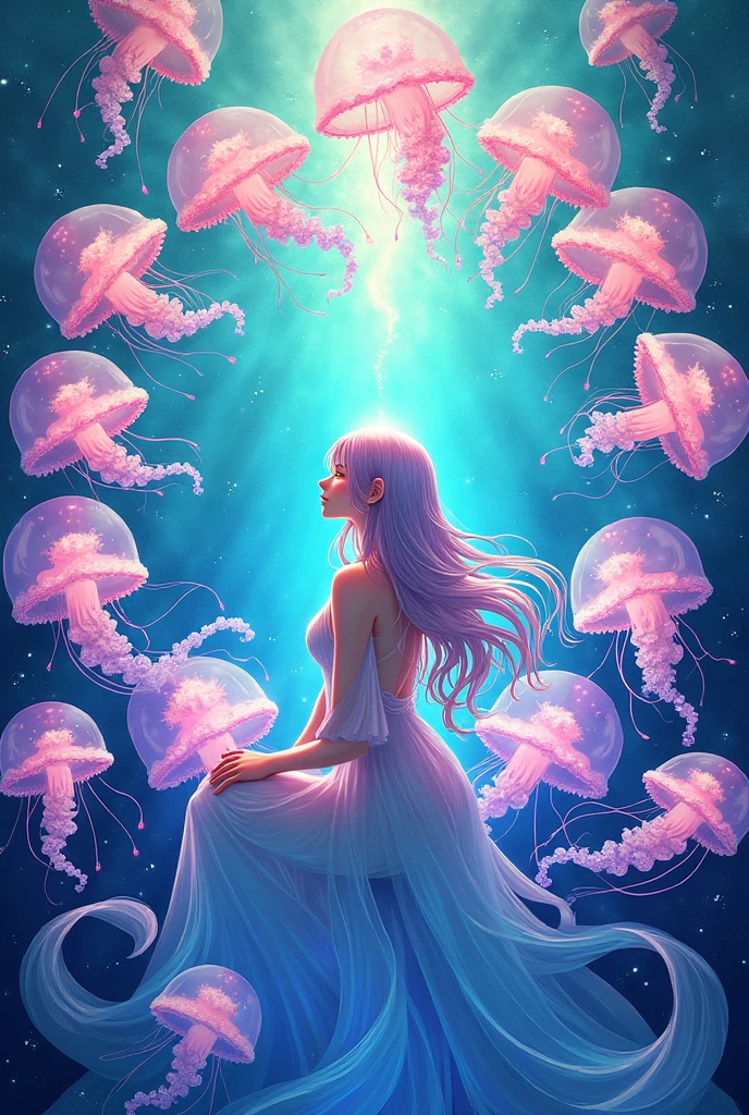 Circle ocean jellyfish with kokomi from genshin in the middle stained glass design 