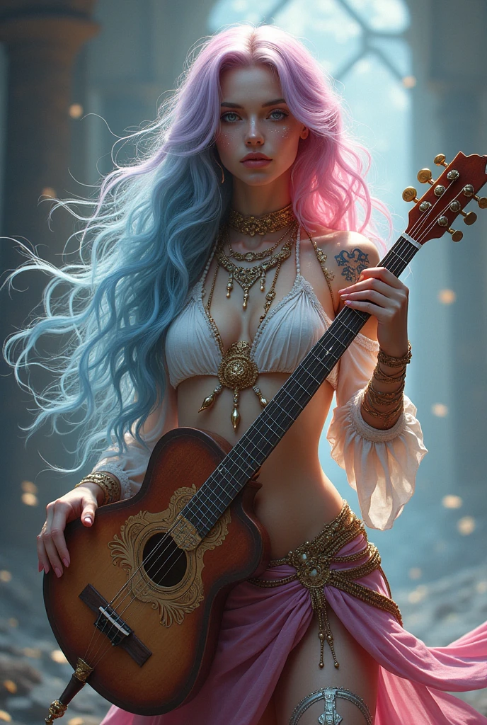 A very beautiful girl, Young and sexy, Your hair is half pink and half blue.. Your skin is white and delicate, with golden magical symbols tattooed on it, and your body is covered in a shimmering golden powder., your eyes are silver, She is noble e possui vestes chiques e elegantes porém é uma aventureira filha de uma fada, She is noble, She is also a bard and loves music, She's always with her delicate lute, besides carrying her beautiful sword, Because she is a bard, she is always with her lute in hand and her beautiful sword sheathed, She also wears high heels, She carries the mandolin in her hands and her sword at her waist..
