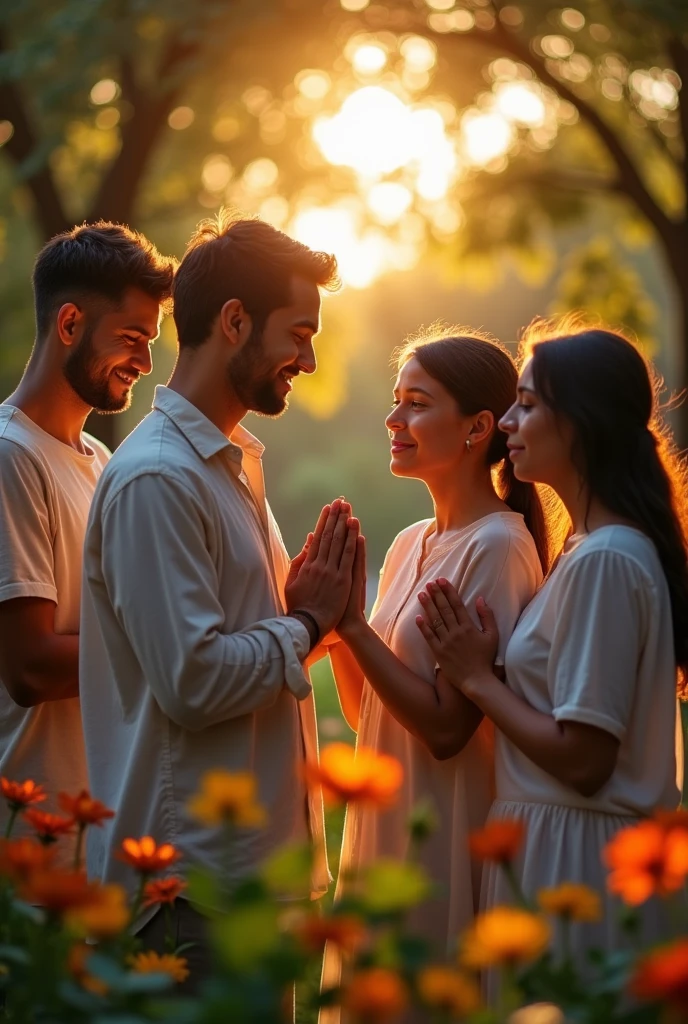 Photos of families gathered in a prayer circle, holding hands.