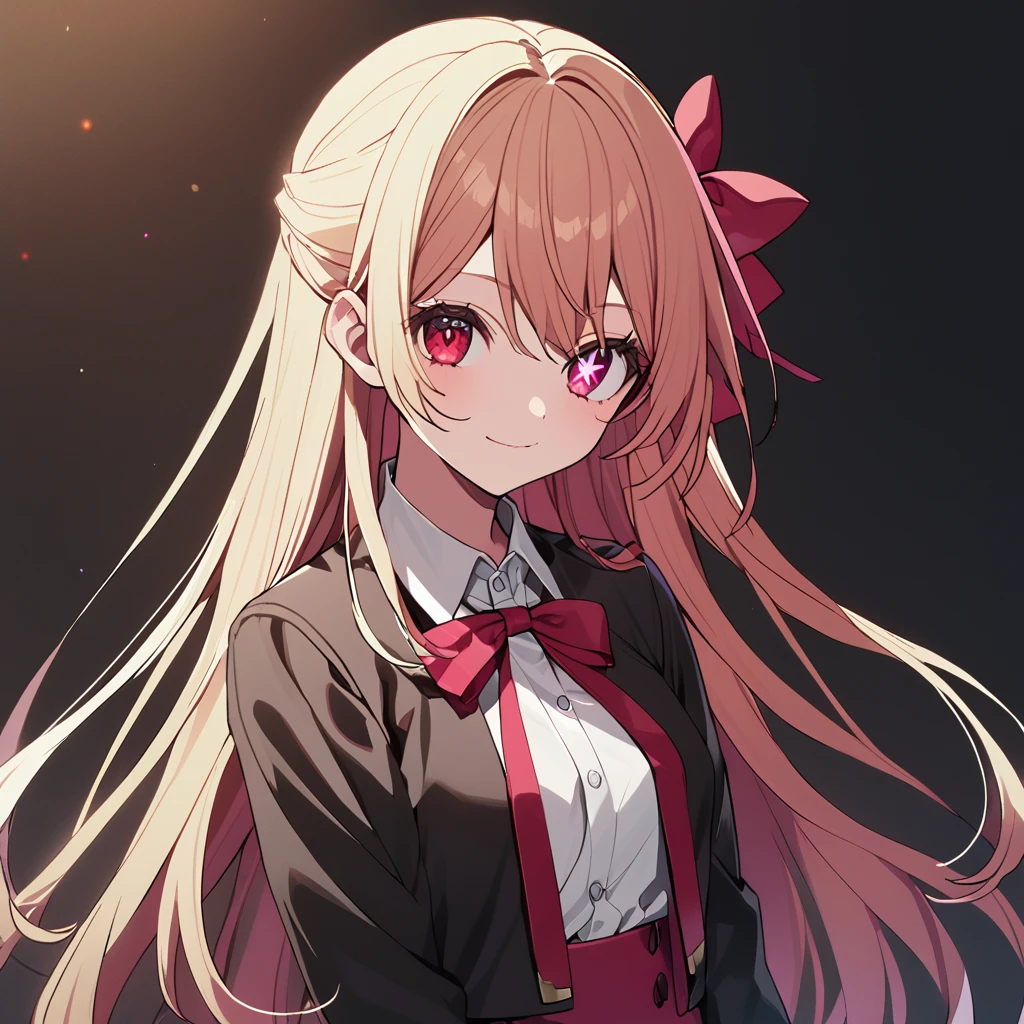 1 girl(Oshinoko, Ruby Hoshino, blonde hair, left side tail, red eyes, star shaped pupils in right eye, black blazer, white shirt, red big ribbon on chest, black, white skirt, light smile)