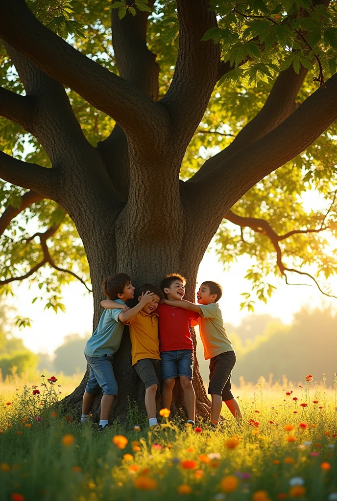 Photos of a tamarind tree with 3 boys and 1 together. ON A BEAUTIFUL SUNNY MORNING
