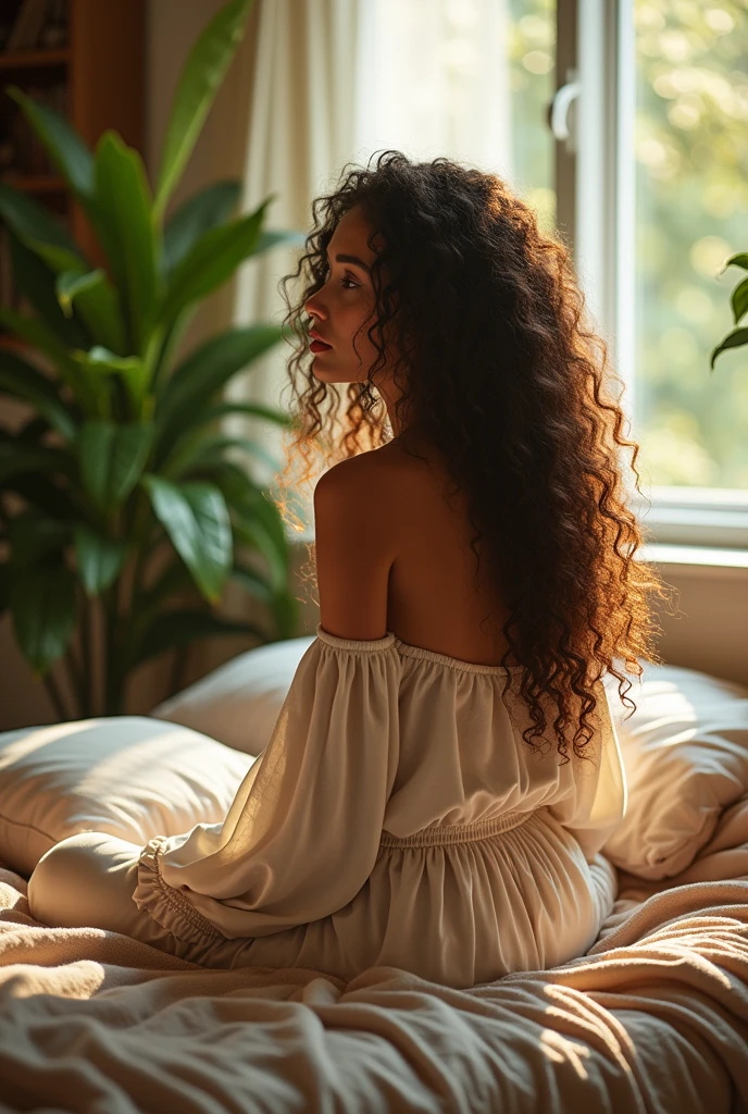 (photorealism:1.2), beautiful woman, sitting on bed, wearing loose off-shoulder top, pajama pants, long curly hair, indoors, soft lighting, plants in background, window with sunlight, cozy room, relaxed pose, realistic, intricate details, warm colors, by Greg Rutkowski, by Alphonse Mucha