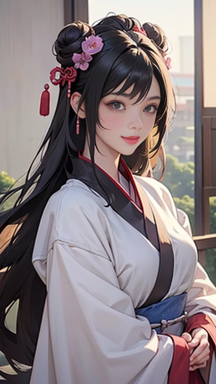 ( High resolution、 Super detailed)、masterpiece、Highest quality、High resolution、8k、Detailed Anime、Buildings from the Tang Dynasty、Tang Dynasty China、Tang Dynasty China、Young and beautiful woman、Beautiful Face、Beautiful Face、Pretty lips、Hanfu、(Full Body Shot)、Hair styled in a bright-colored round bun、Smiling eyes、Walking、background、garden、Plum blossom、Detailed CG、