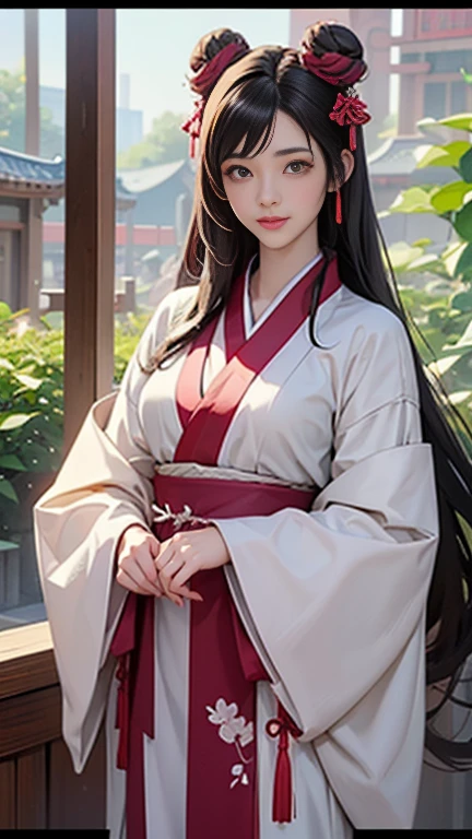 ( High resolution、 Super detailed)、masterpiece、Highest quality、High resolution、8k、Detailed Anime、Buildings from the Tang Dynasty、Tang Dynasty China、Tang Dynasty China、Young and beautiful woman、Beautiful Face、Beautiful Face、Pretty lips、Hanfu、(Full Body Shot)、Hair styled in a bright-colored round bun、Smiling eyes、Walking、background、garden、Plum blossom、Detailed CG、