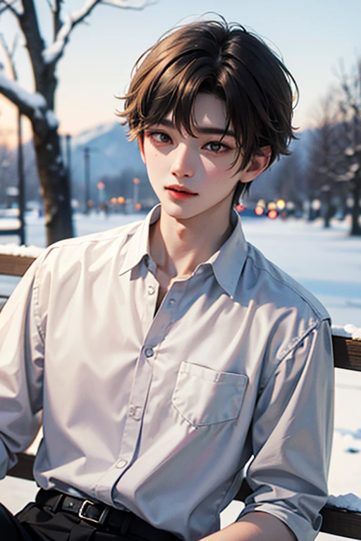 One boy, light brown hair, White skin, 18 years old, super detail, masterpiece, 8k, korean, amazing, Idol, high quality, Refreshing, high quality, androgynous boy, Refreshing, winter, clear, Natural lighting, Make your eyes look more natural, prime, The season of snowfall, High Quality, 한winter, white shirt, black pants, student, broad shoulders