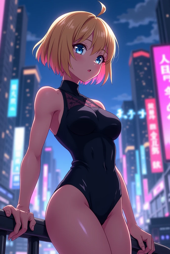 Blonde、Berry Short、woman、anime、leotard、Blue Eyes、Omi、aldult、Black clothing