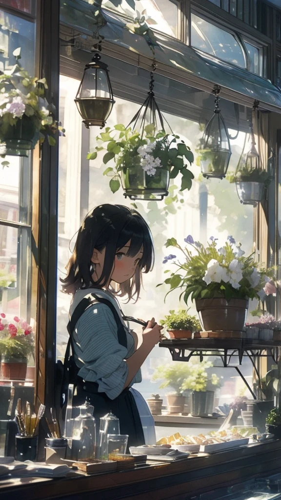 ((Sargent style watercolor))、(Highest quality、masterpiece)、(David Hamilton Style)、(Soft Focus)、Soft Light、This store sells green plants, The main entrance is glass-walled.., Windows are made of glass, Flowerpots and flowers are displayed on the window shelves、A single person is taking care of the flowers、Cute Face、
