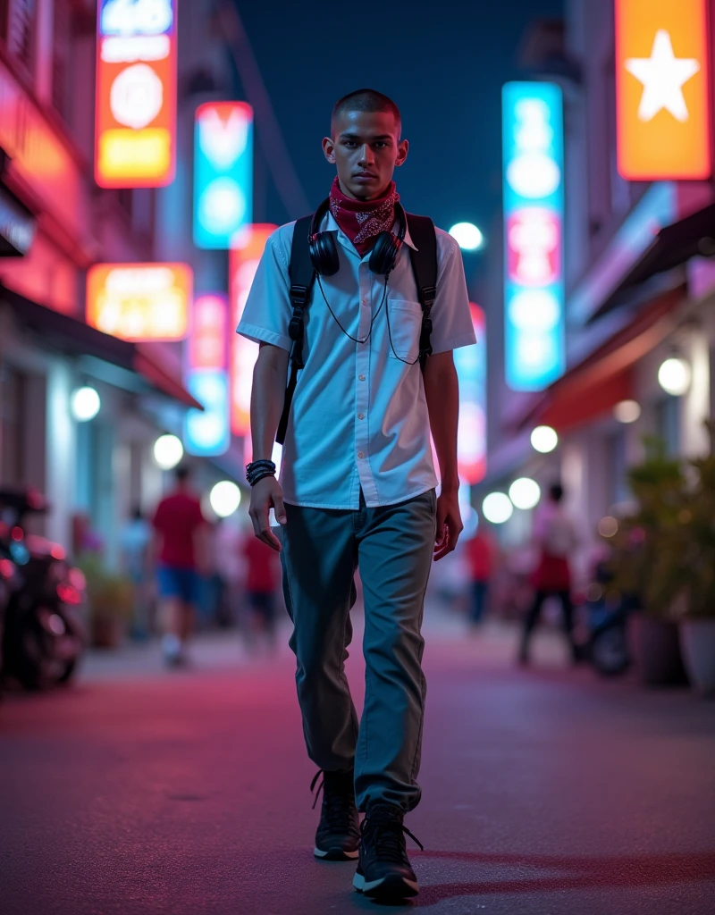 Hyper realistic, a 18 year old Indonesia man walking on the neon cyberpunk street, ideal body, look straight ahead, wearing Indonesian high-school white uniform shirt and Indonesian high-school grey uniform pants and black hiking hi-shoes with dark red bandana that covers the head without hair, wear dark leather backpack, wear headphone, masculine photoshoot pose, arrogant man expression, romantic, Bandung night town as background. Use soft photography lighting. top lighting. top lighting, slide lighting, high quality photos, UHD, 64k. shot with Canon EOS 5D Mark IV, cinematic portrait, Realistic face, not changing face, no mustache, Real photo, unchanging face, background change. Real Picture 8k ultra, hyper detailed, sharp focus, studio photo, intricate details, highly detailed, photo real, bright colors, digital graphics, unreal engine, blender art, perfect composition, octane rendering, masterpiece, sharp focus, high detail, art station, concept art, perfect composition, a model of ultra-high quality and clarity, perfect play of light and shadow, 32k UHD, hyper-detailing, complex artistic masterpiece, ((best quality)), ((masterpiece)), (detailed), perfect face