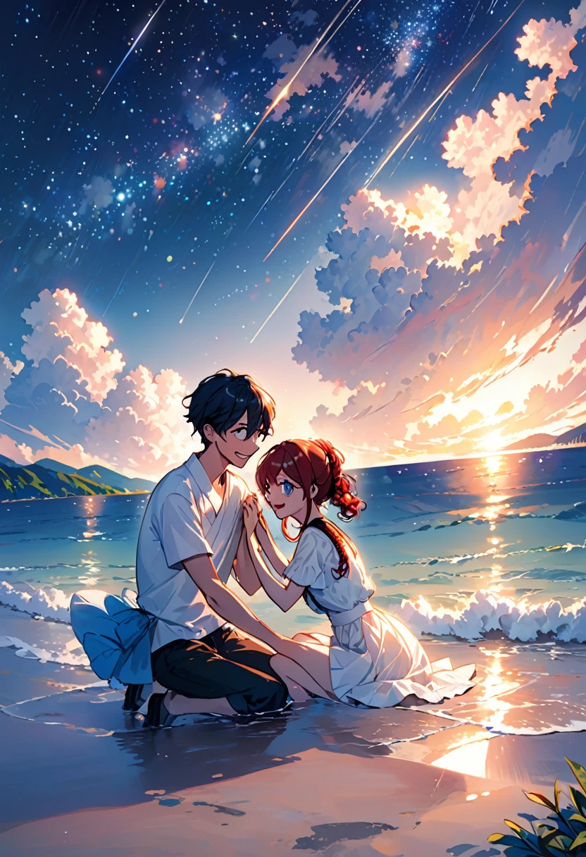 (Highest quality、Very detailed、Real:1.37)、humor、Seaside、night、Big eyes、Starry Sky、Manga style、Desaturate、Fun couple、Laughter、Floating Love、