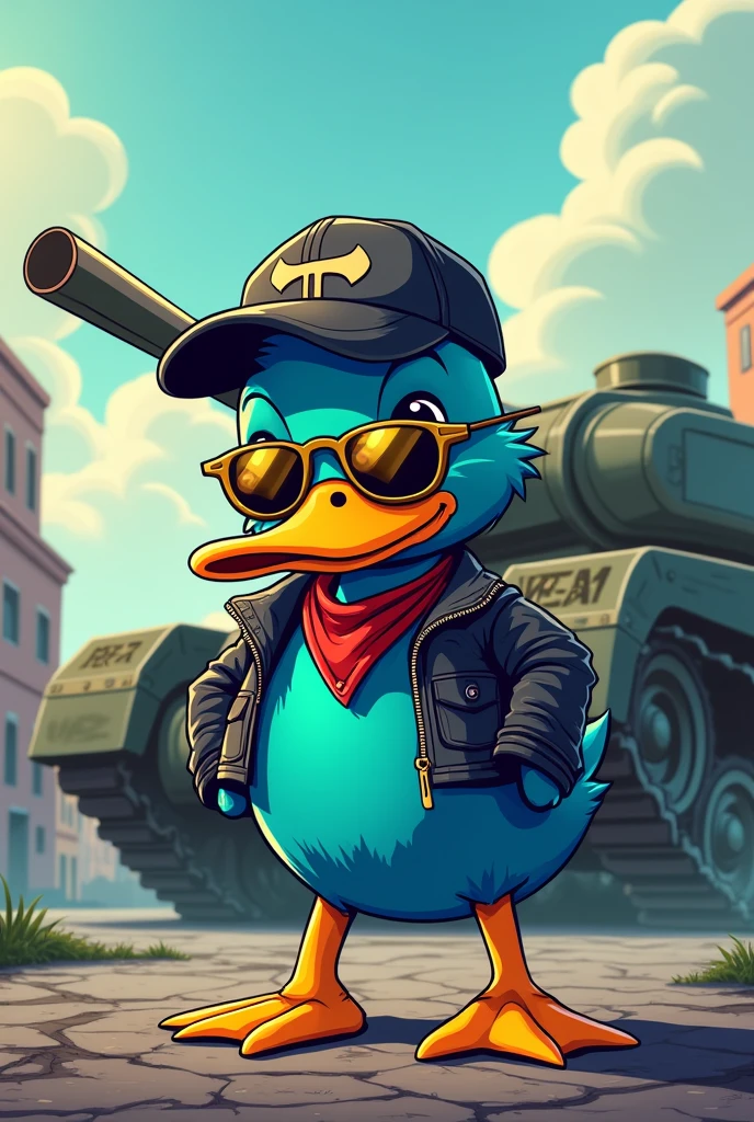 Cute duck,cyan,darkside,skull,cartoon,baseball brat in hand,street,gold,mystic
Touch,leather jacket,Baseball Cap,sunglasses,grafitti,scateboard,bandana,punisher,tank in background