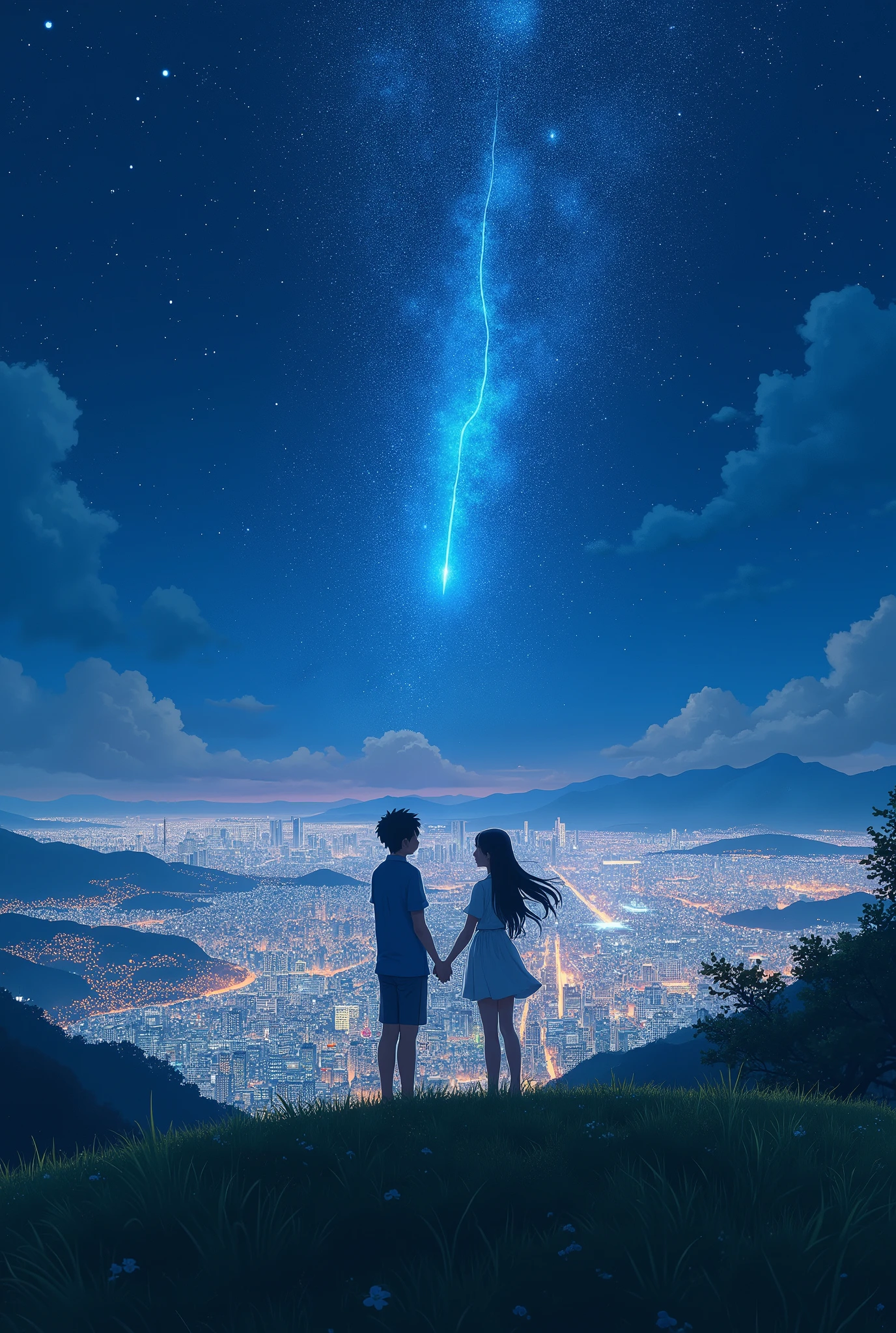 A wide-angle view captures the essence of a masterpiece, showcasing the impeccable quality and hyperrealism in the style of Makoto Shinkai. The scene depicts a breathtaking hillside where a couple's silhouettes stand, gazing at the glittering cityscape of Japan at night. The sky is adorned with a myriad of stars, and a shooting star streaks across, illuminating the area beside the characters' faces. This magical and romantic atmosphere is further enhanced as the couple's figures blend seamlessly with the distant lights, creating a mesmerizing composition.